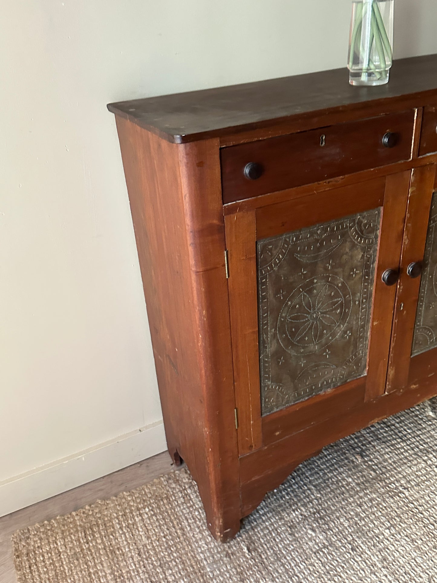 Pine pie safe with pinched tin