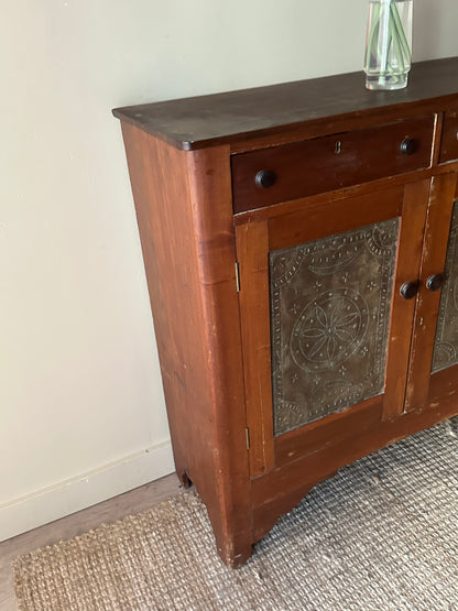 Pine pie safe with pinched tin