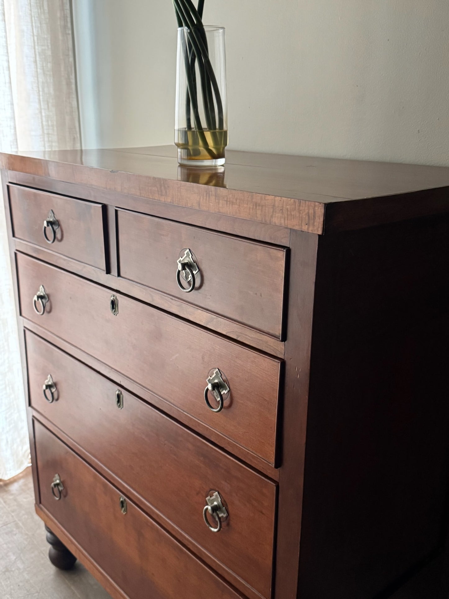 Sheraton cherry & tiger maple tallboy dresser