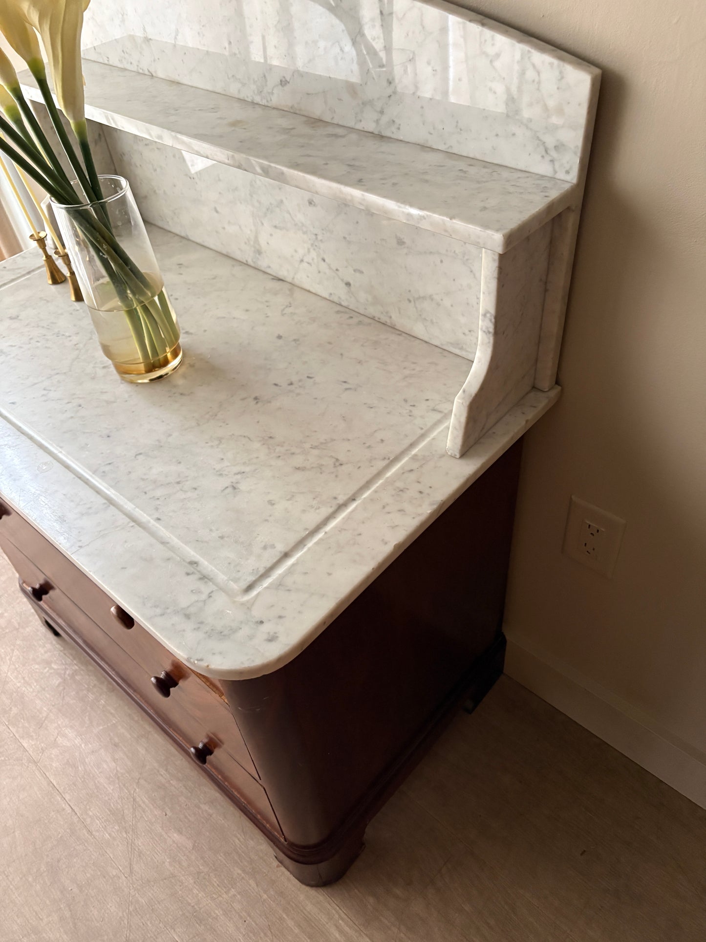 Marble top walnut 3 drawer dresser