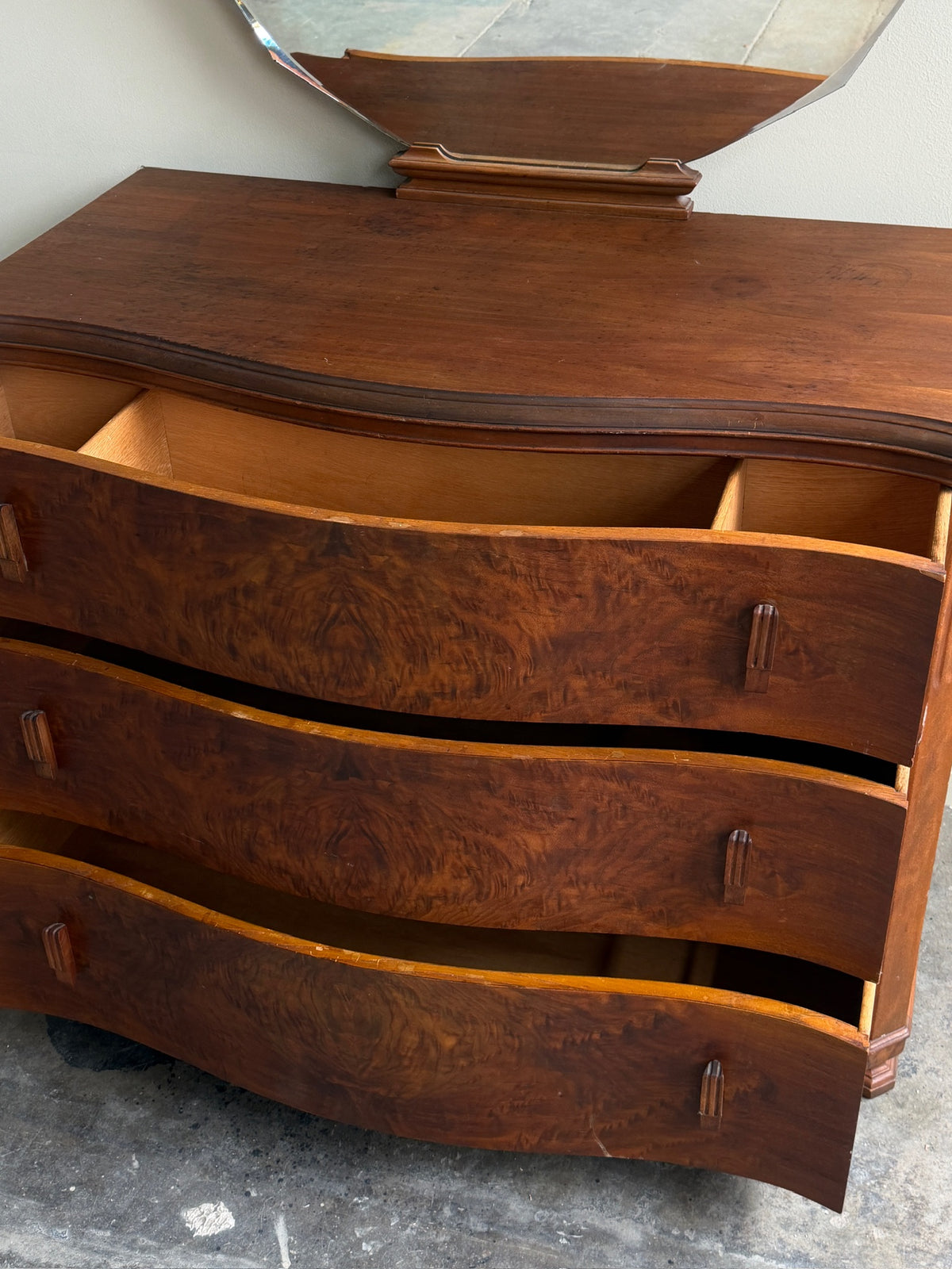 Deco walnut 3 drawer dresser with mirror
