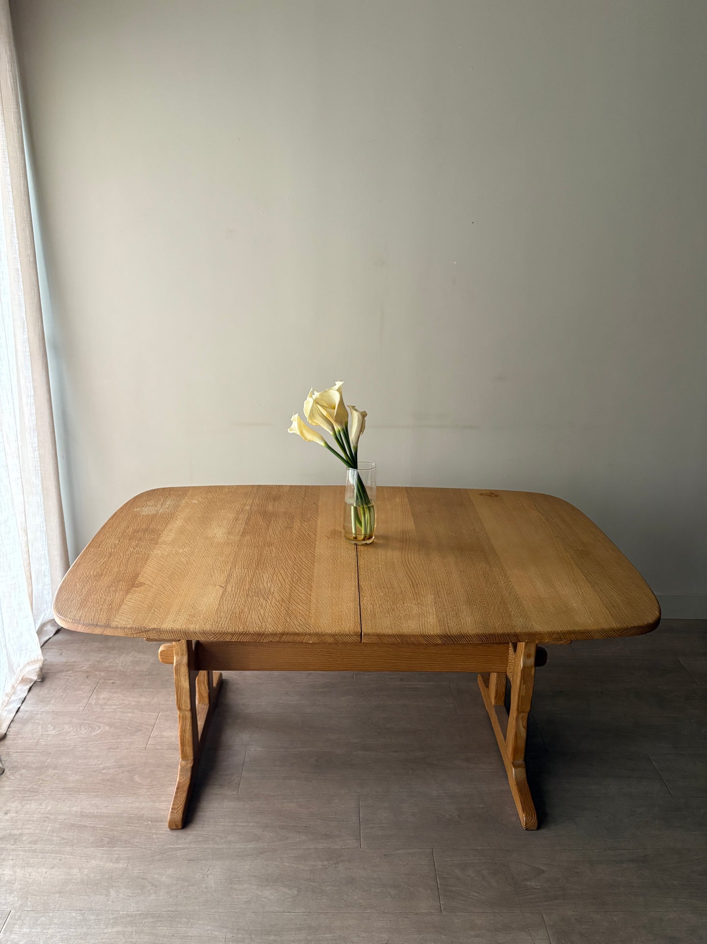 Danish oak trestle dining table with extensions