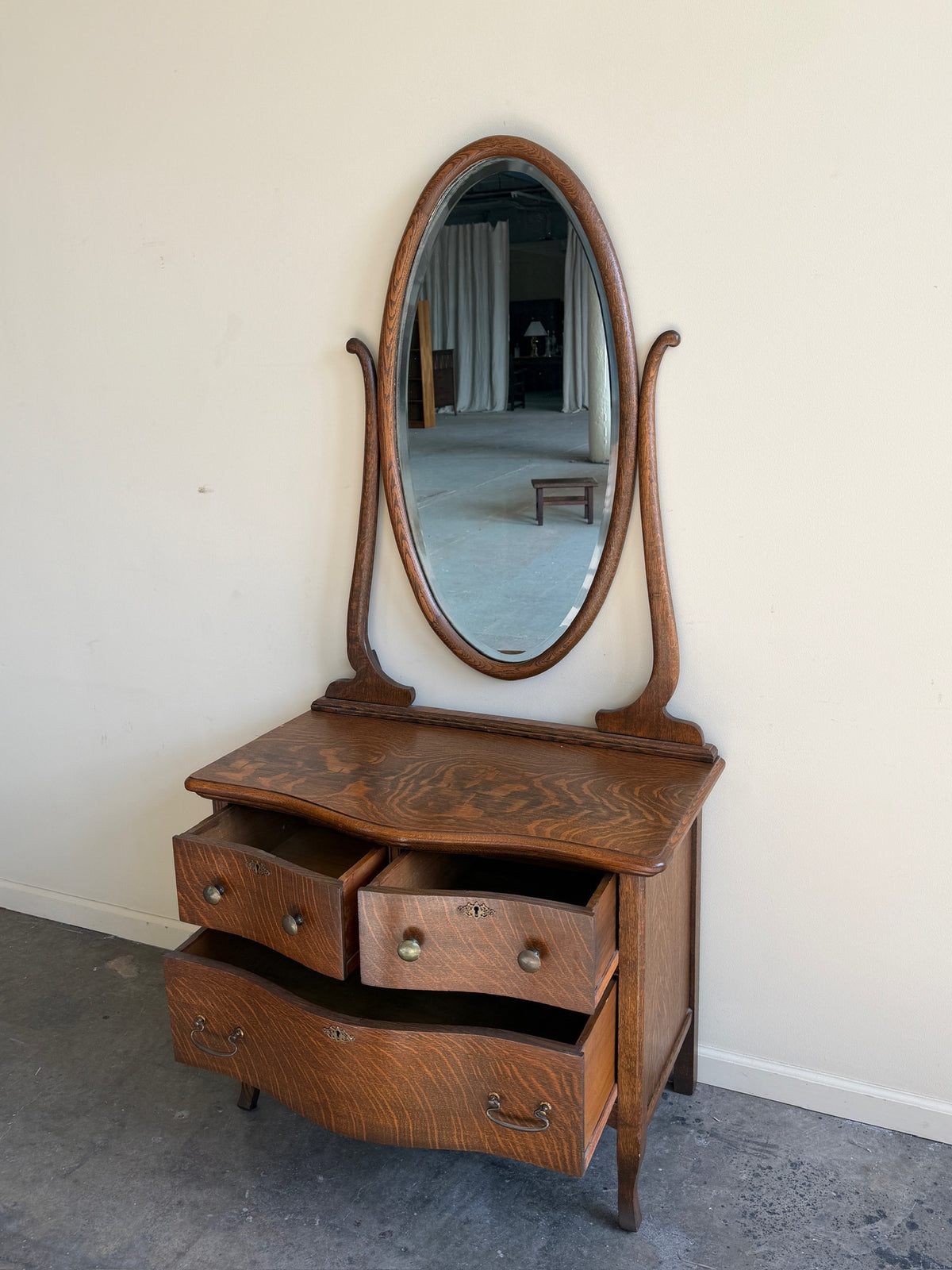 Golden oak dresser with mirror
