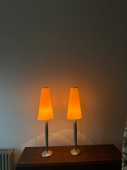 Lucien Gau Paris brushed crome table lamps. Sold as a pair.