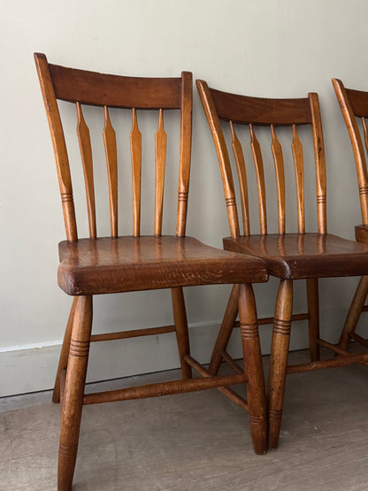 Pine plank seat dining chairs. Sold as a set of 4.