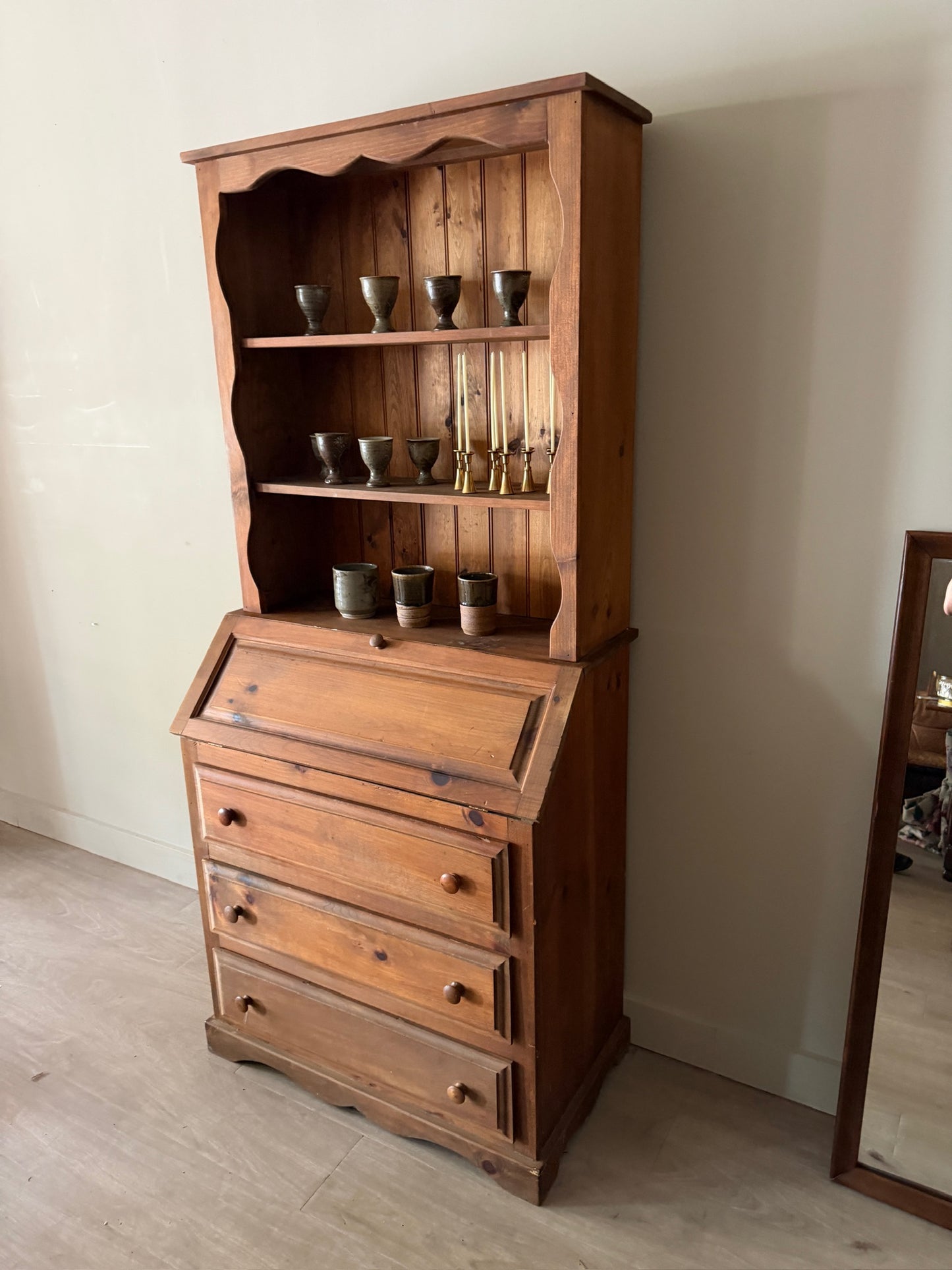 Pine two piece secretary hutch