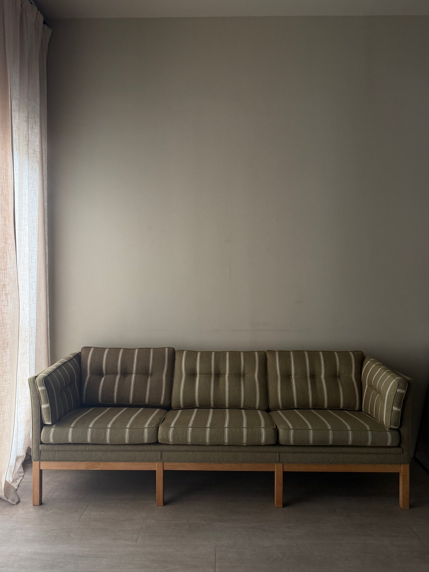 Danish green striped wool & oak sofa