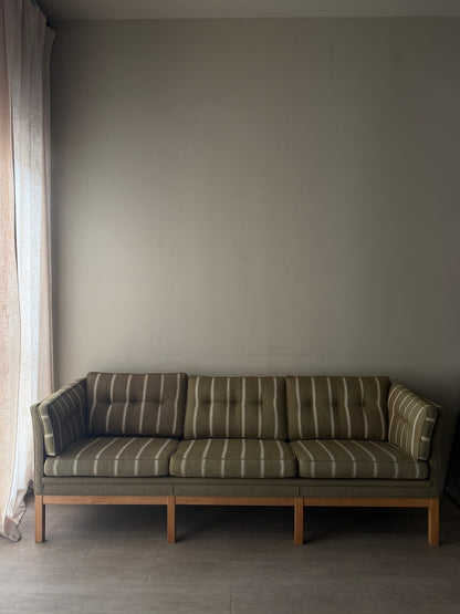 Danish green striped wool & oak sofa
