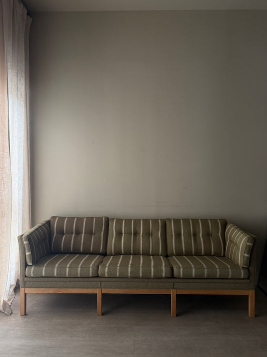 Danish green striped wool & oak sofa