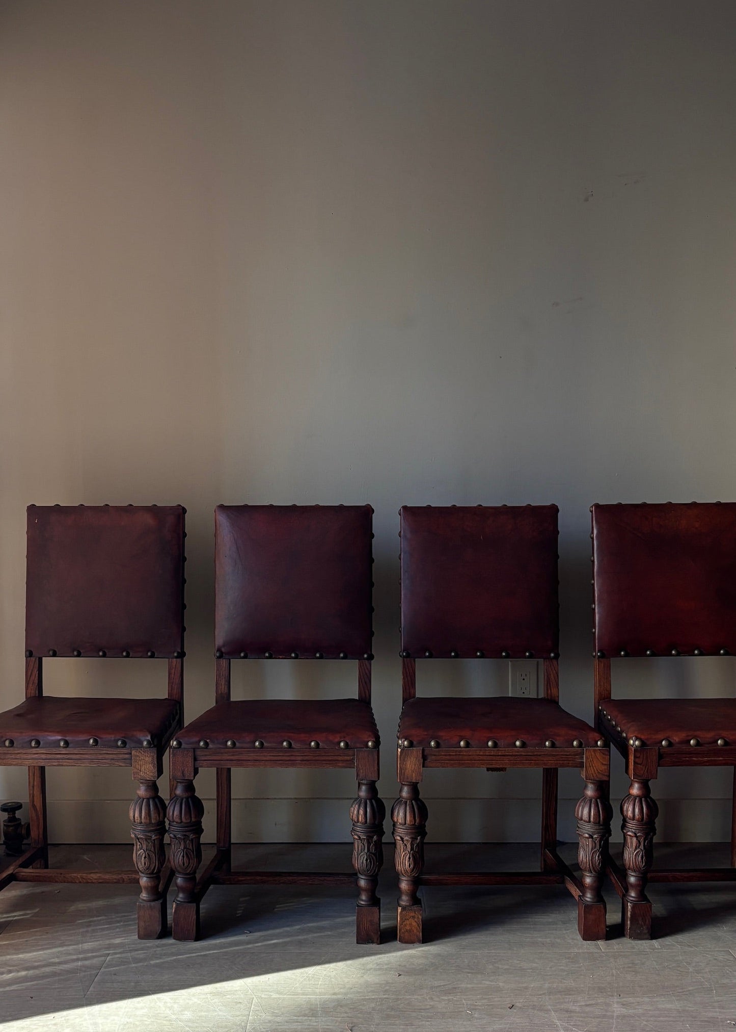 Leather and oak dining chairs. Sets of 2.