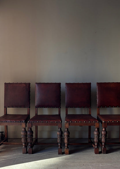 Leather and oak dining chairs. Sets of 2.