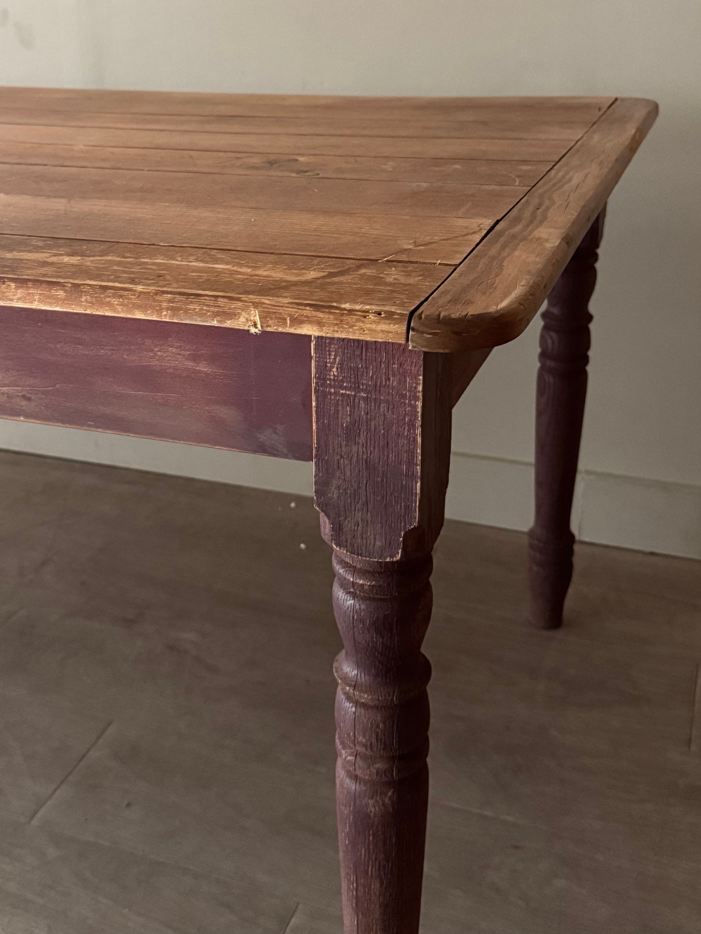 Red painted pine farm table with scrubbed top