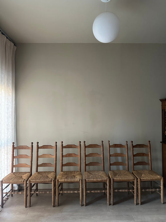 6 ball top oak and rush dining chairs. (Sets of 2)