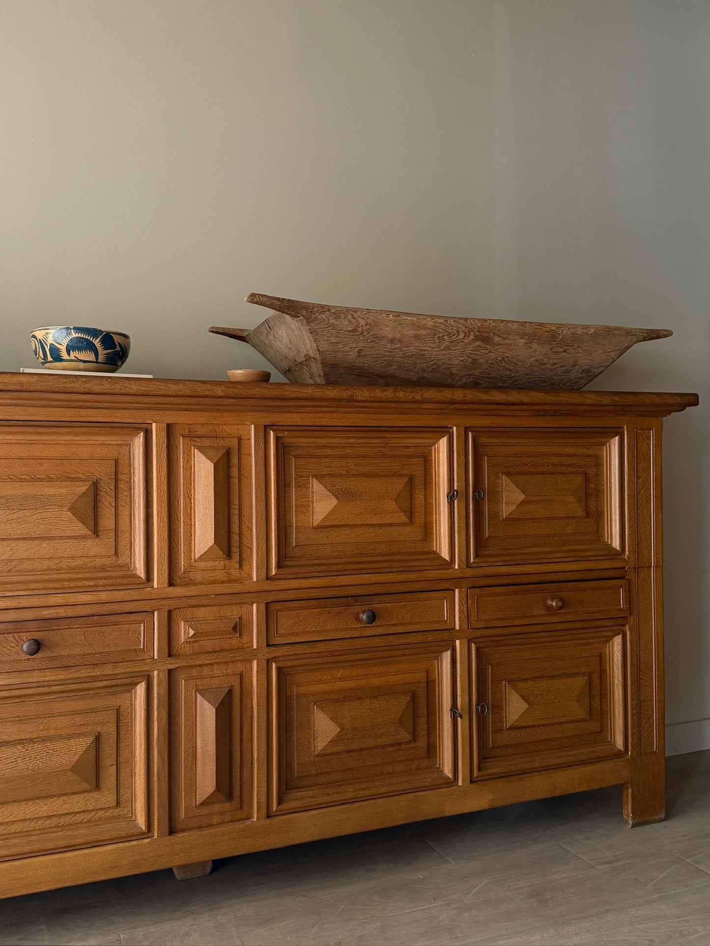 Brutalist Dutch oak two piece sideboard