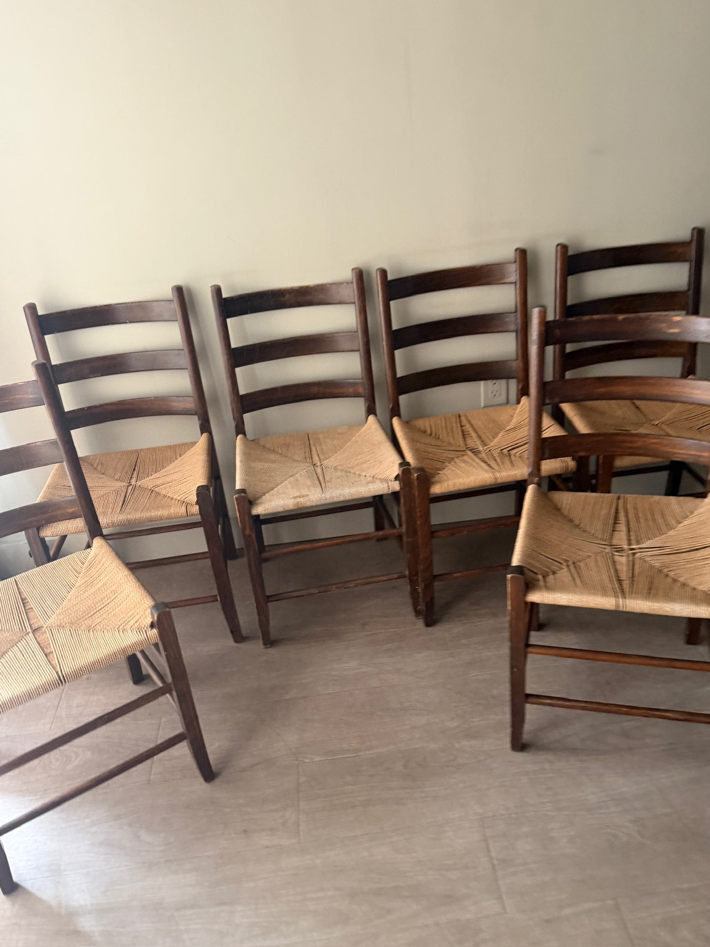 Scandinavian pine and cord dining chairs. Sold in pairs.