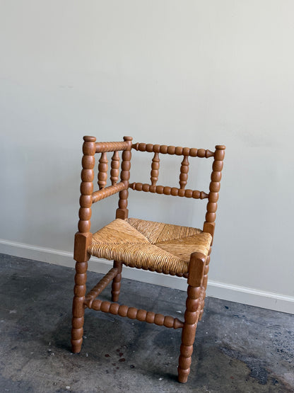 Dutch bobbin oak rush seat corner chair