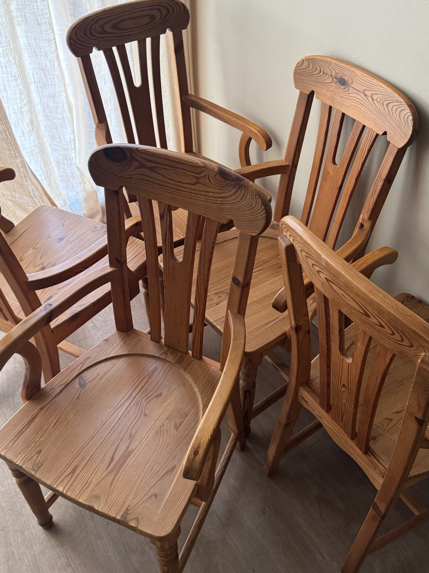 Scandinavian pine dining chairs. Sold in pairs.