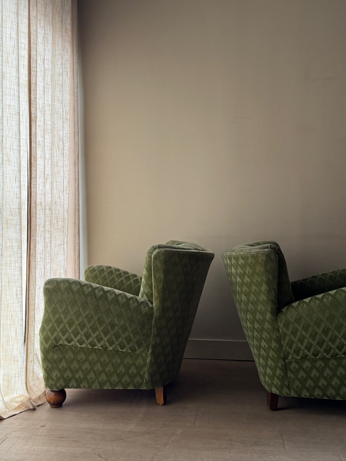 Danish velour club chairs. Sold individually.