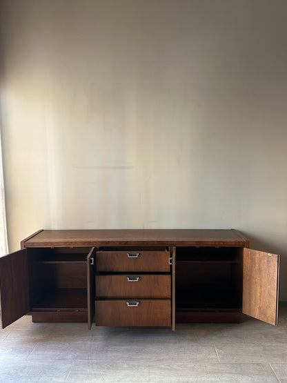 Walnut credenza with chrome pulls