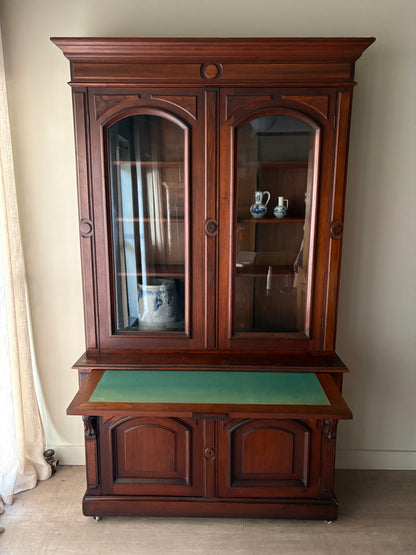 Victorian walnut two piece display hutch with writing slide