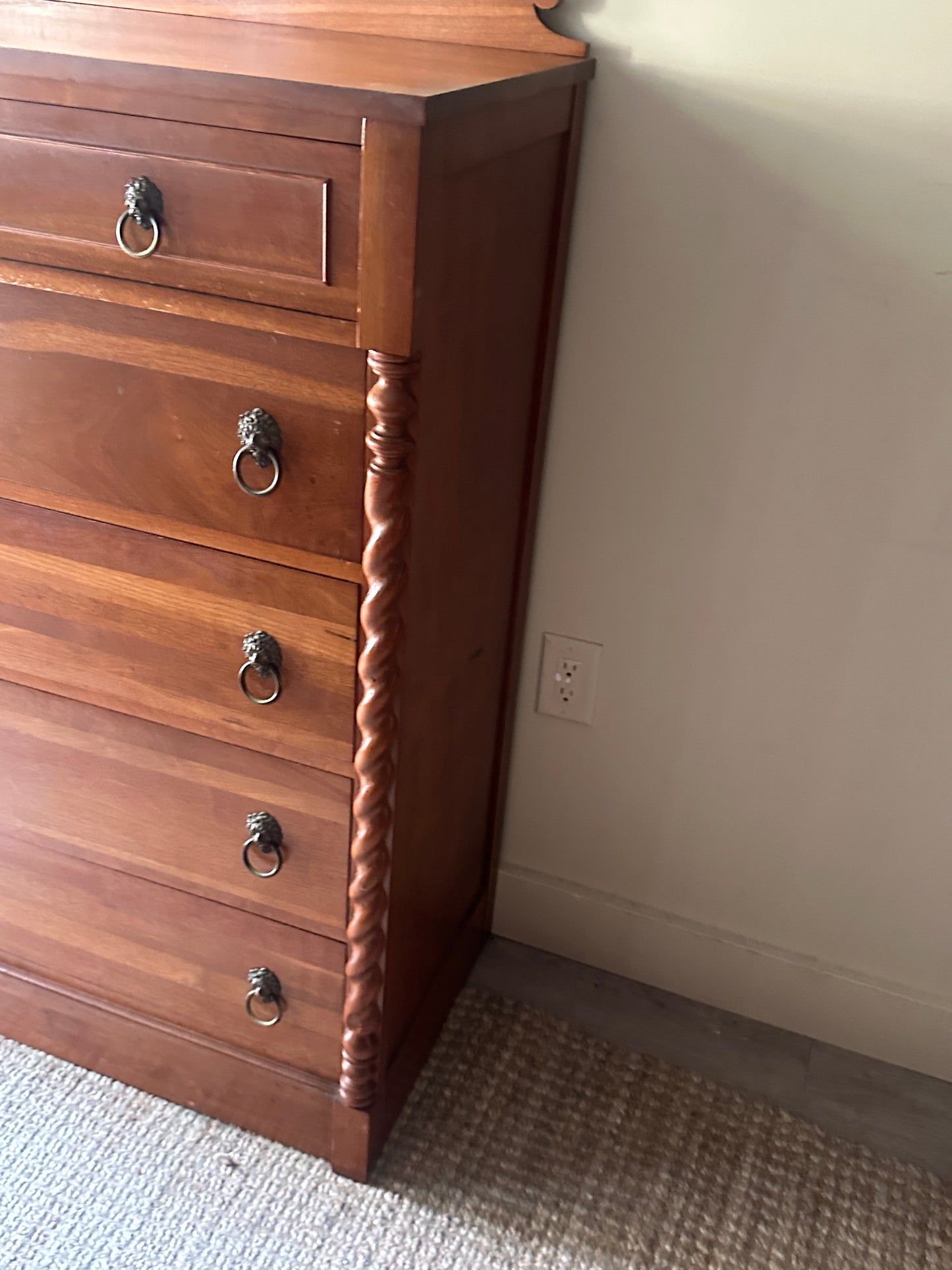 Walnut tallboy with lion head pulls