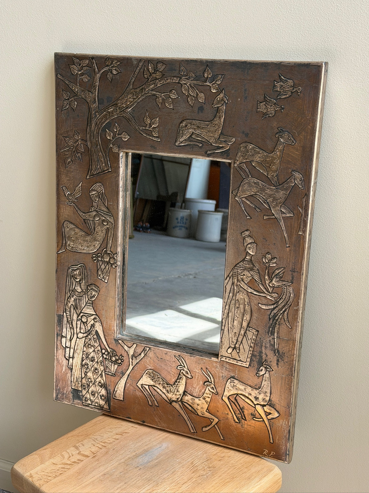 Mexican folk carved silver leaf wooden mirror