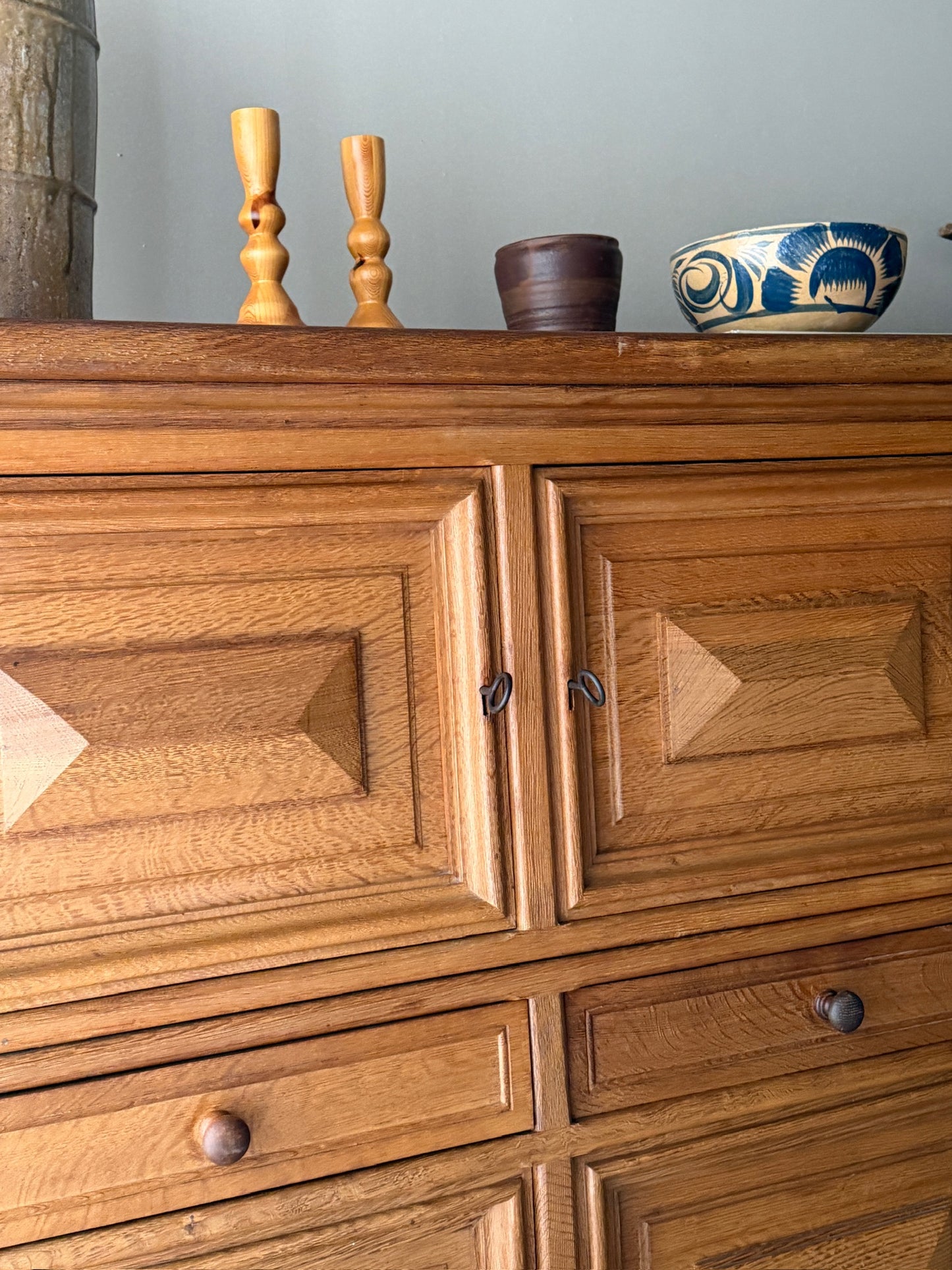 Brutalist Dutch oak two piece sideboard
