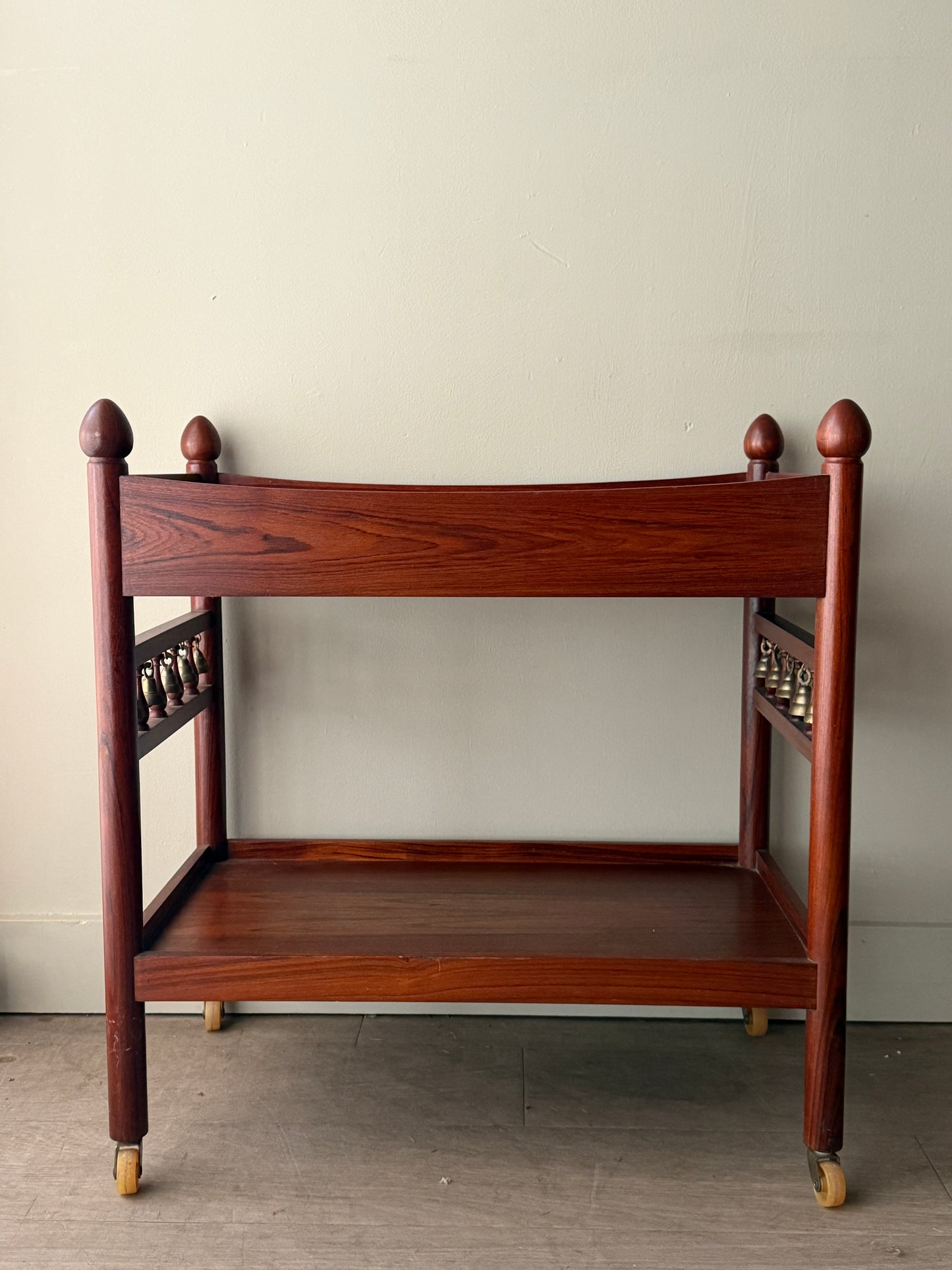 Danish rosewood bar cart with brass bells