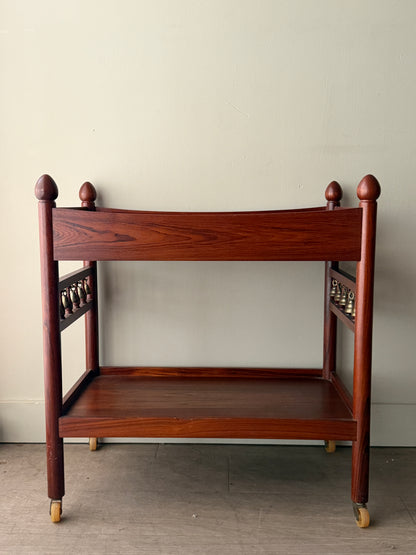 Danish rosewood bar cart with brass bells