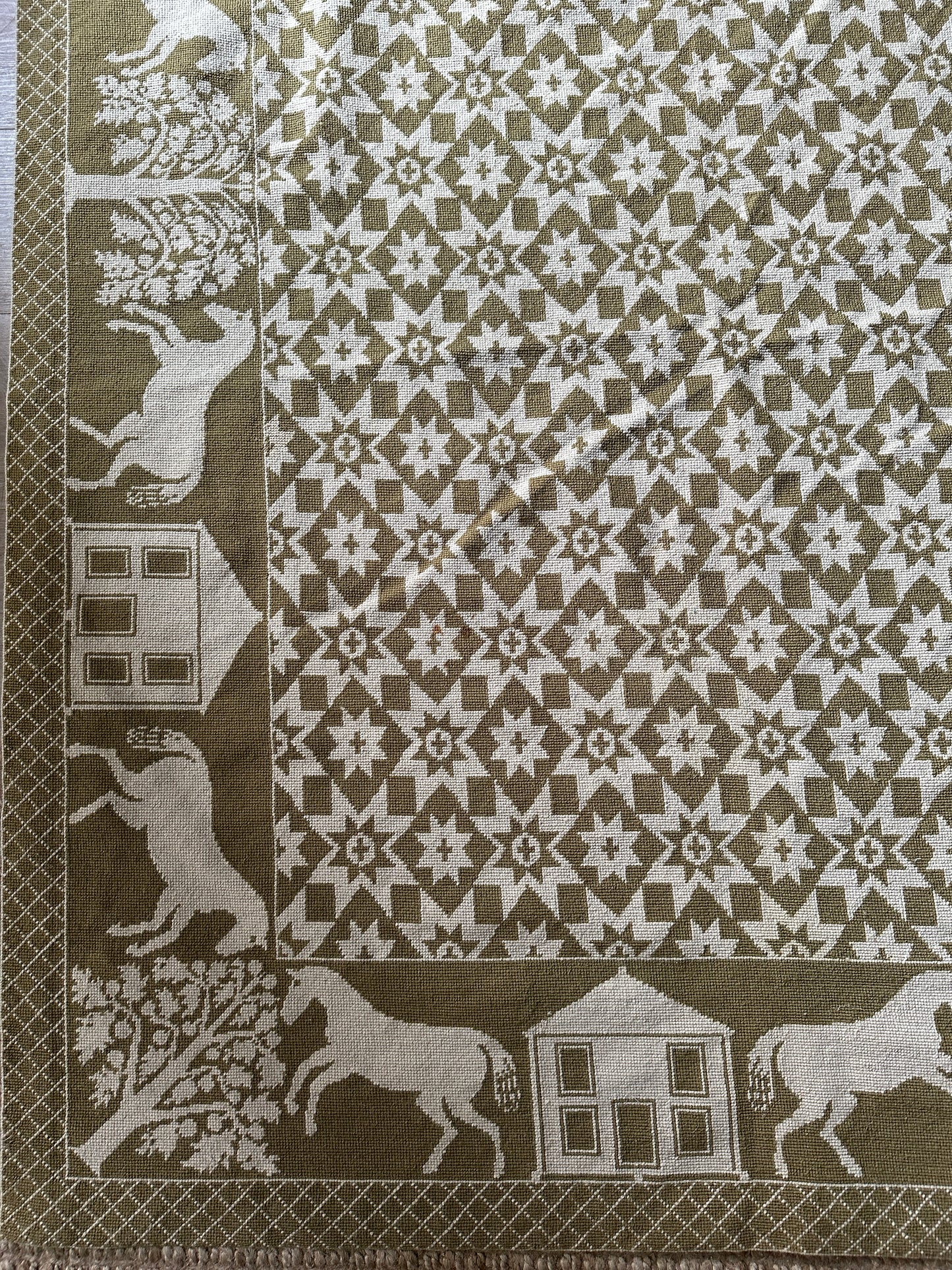 Green and cream hand woven wool coverlet/rug/tapestry
