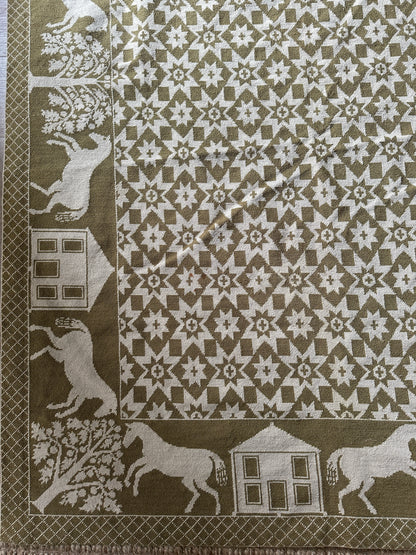 Green and cream hand woven wool coverlet/rug/tapestry