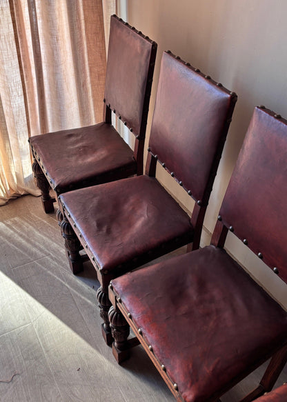 Leather and oak dining chairs. Sets of 2.