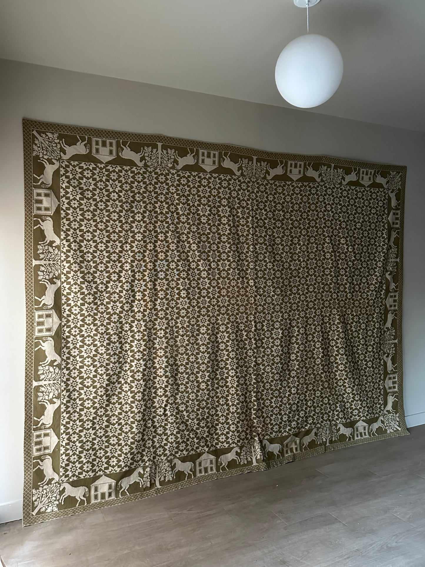 Green and cream hand woven wool coverlet/rug/tapestry