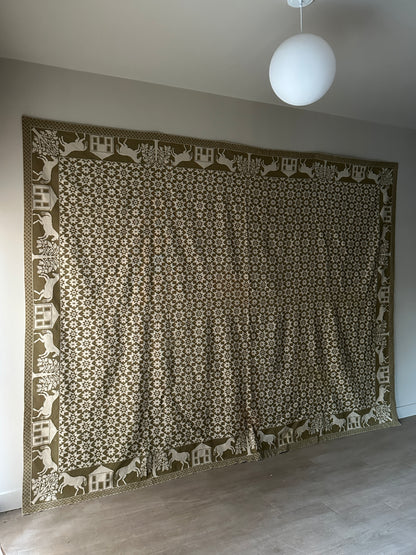 Green and cream hand woven wool coverlet/rug/tapestry