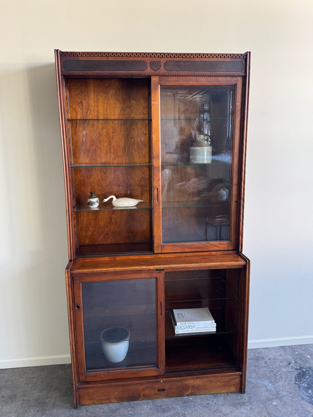 Walnut glass mercantile two piece display case