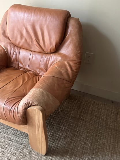 French leather and pine lounge chair