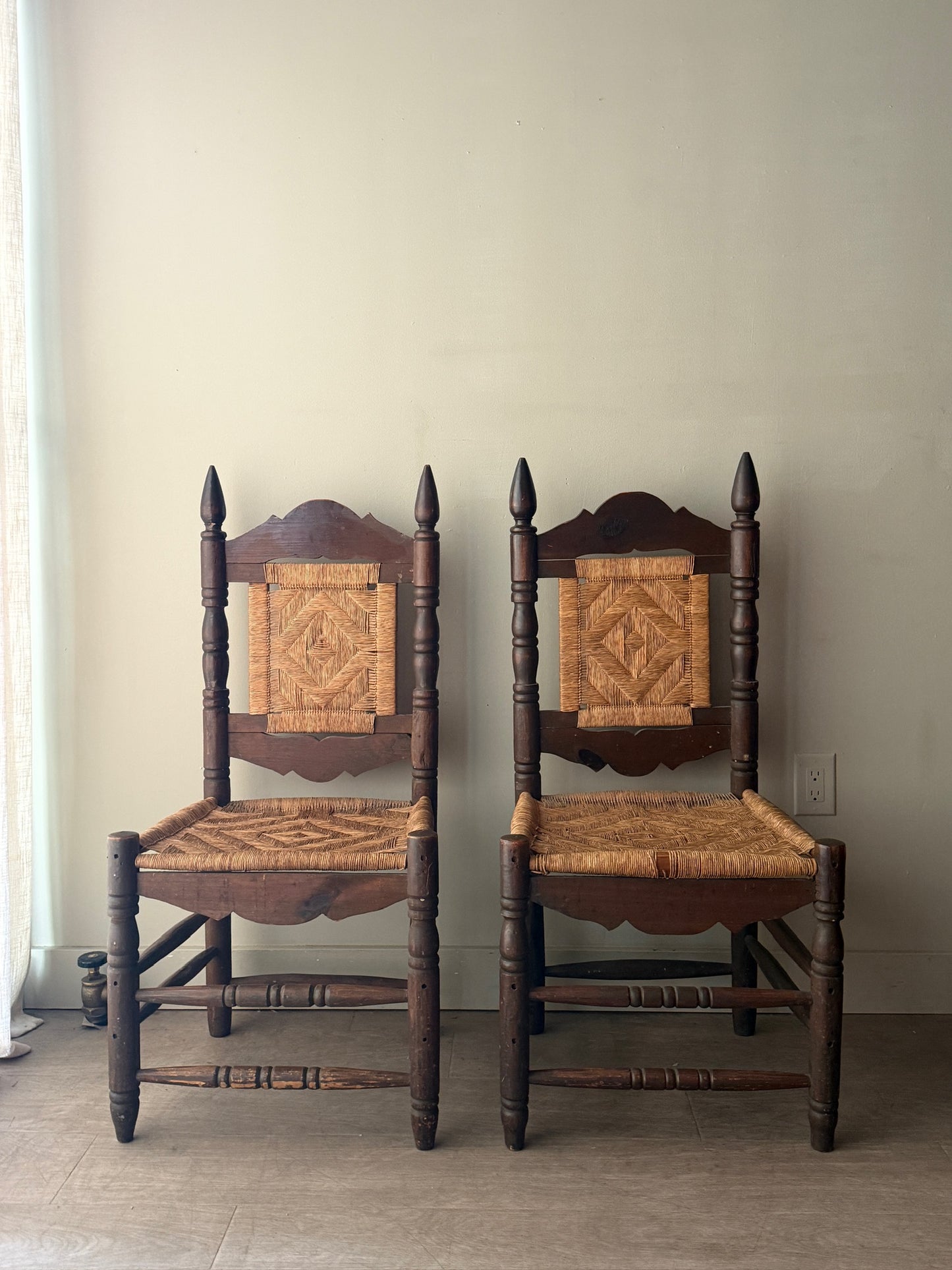 Pine and rush hall chairs (right)