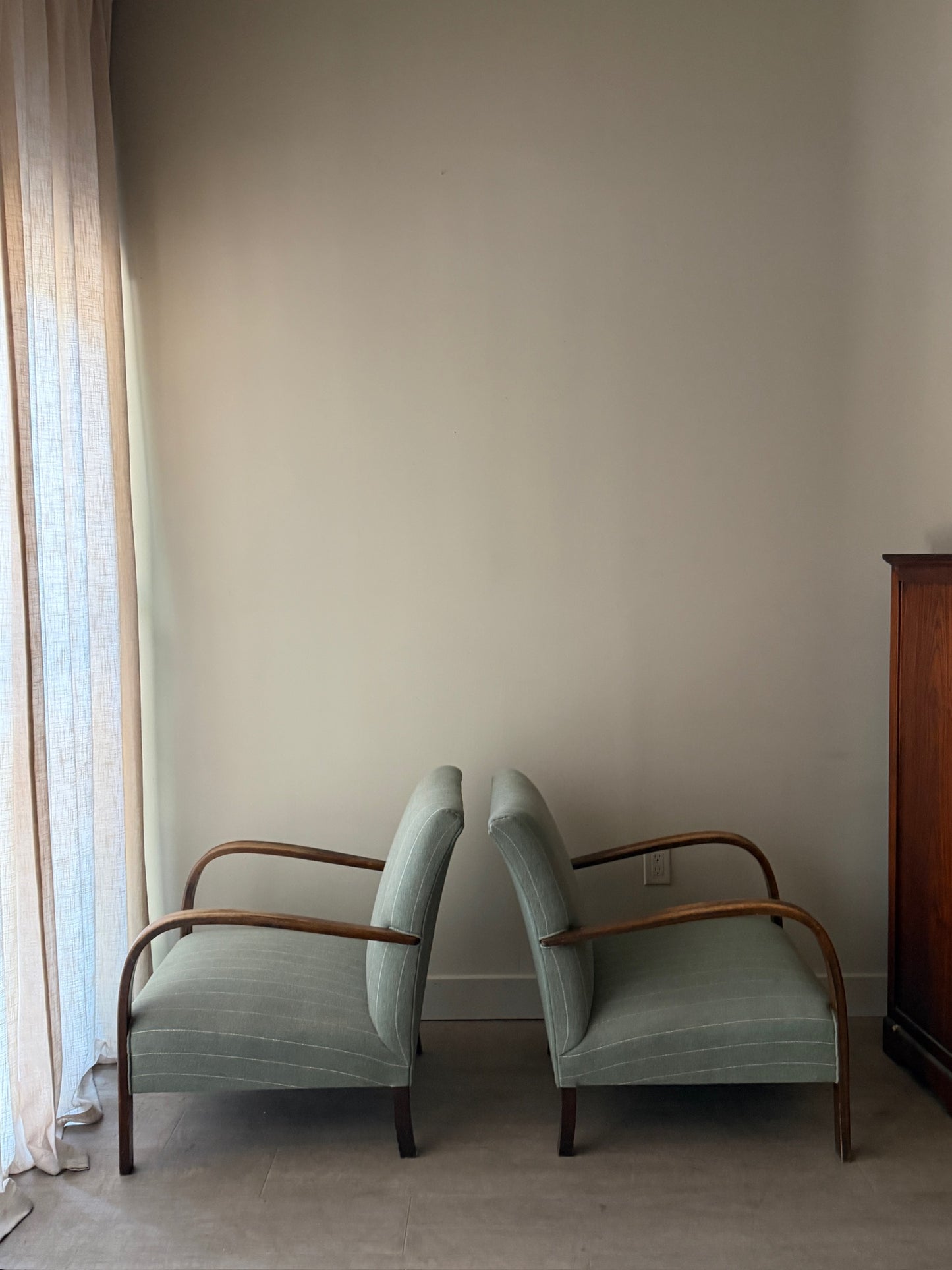 Fritz Hansen Danish Deco striped blue lounge chairs. Sold individually.