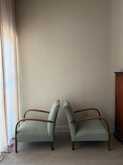 Fritz Hansen Danish Deco striped blue lounge chairs. Sold individually.