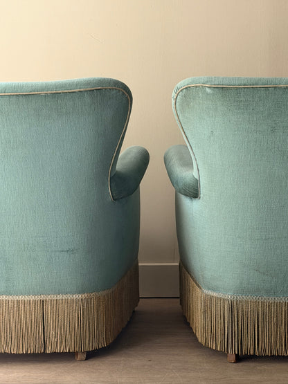Danish velvet lounge chairs. Sold individually.