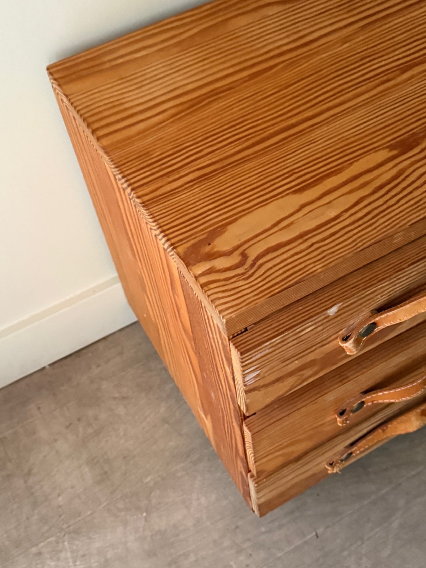 Small Swedish pine chest of drawers with leather pulls