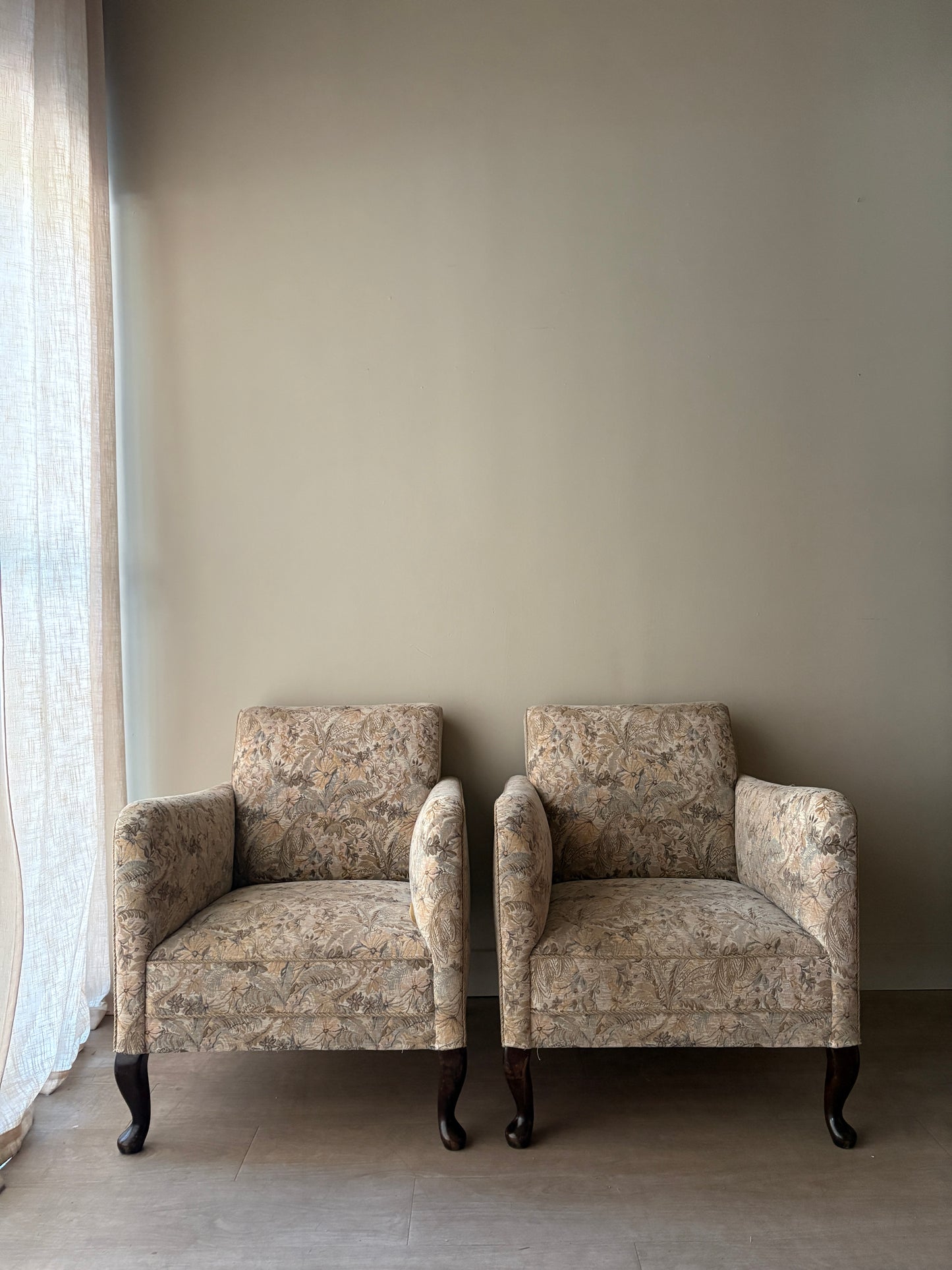 Danish floral upholstered lounge chairs. Sold individually.