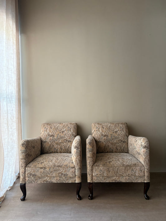Danish floral upholstered lounge chairs. Sold individually.