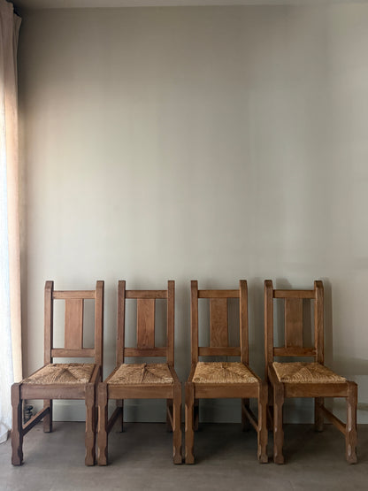 Belgian De Puydt oak & rush dining chair. Sold as a set of 4.