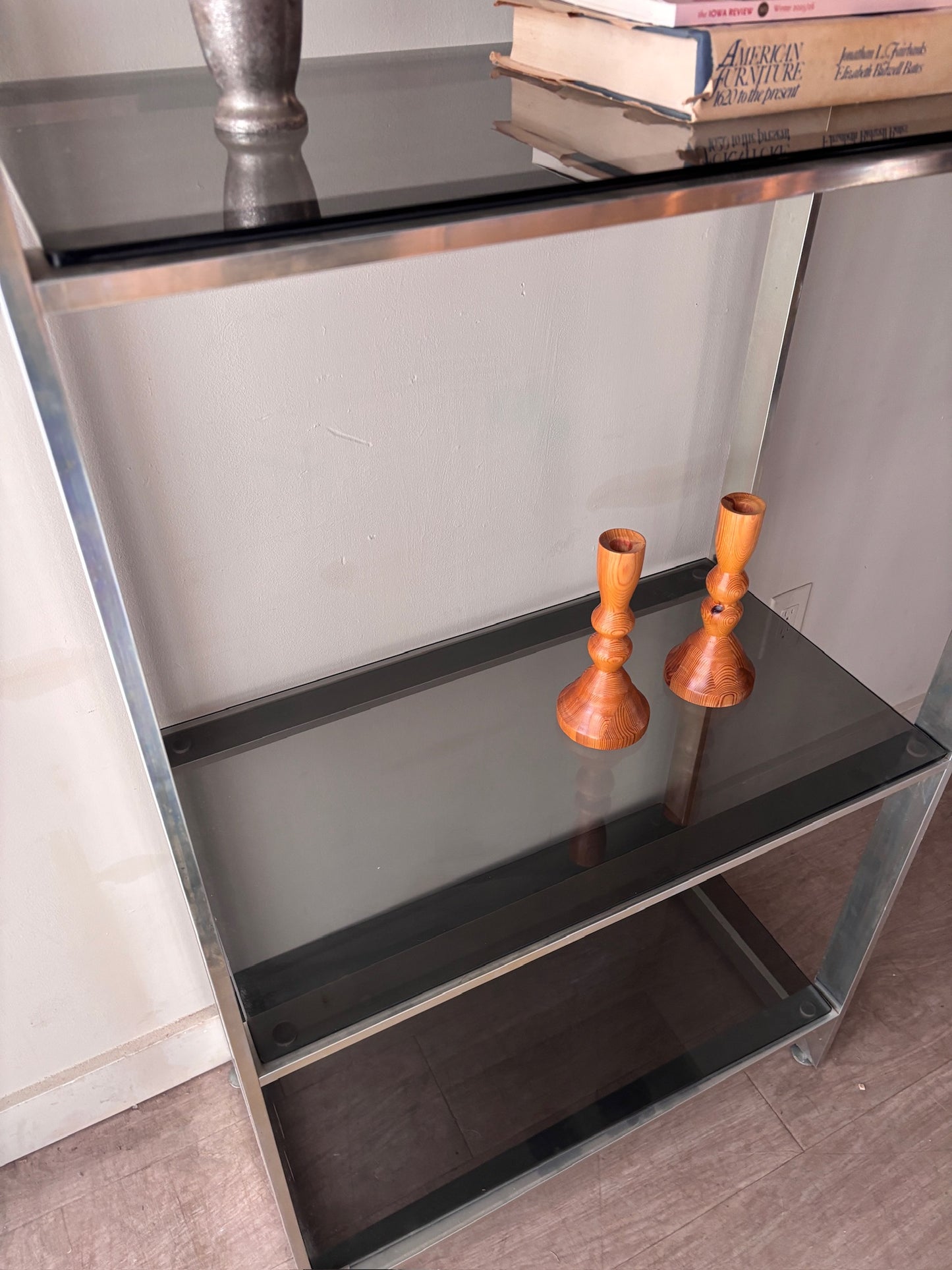 Steel and smoked glass etagere