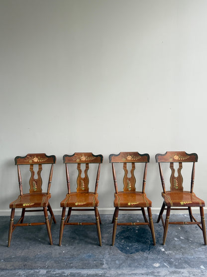 Pennsylvania painted pine plank seat dining chairs. Sold in pairs.