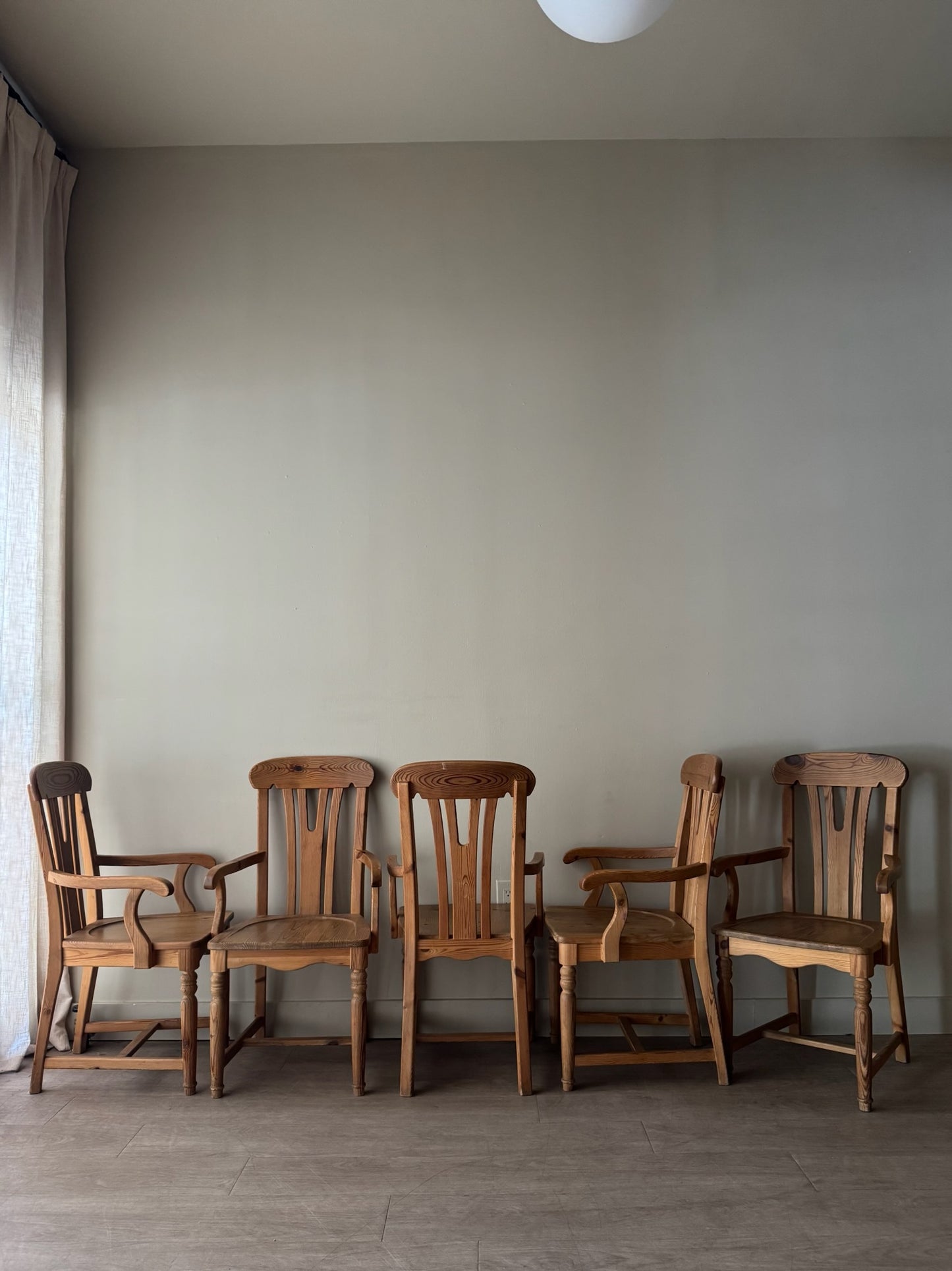 Scandinavian pine dining chairs. Sold in pairs.