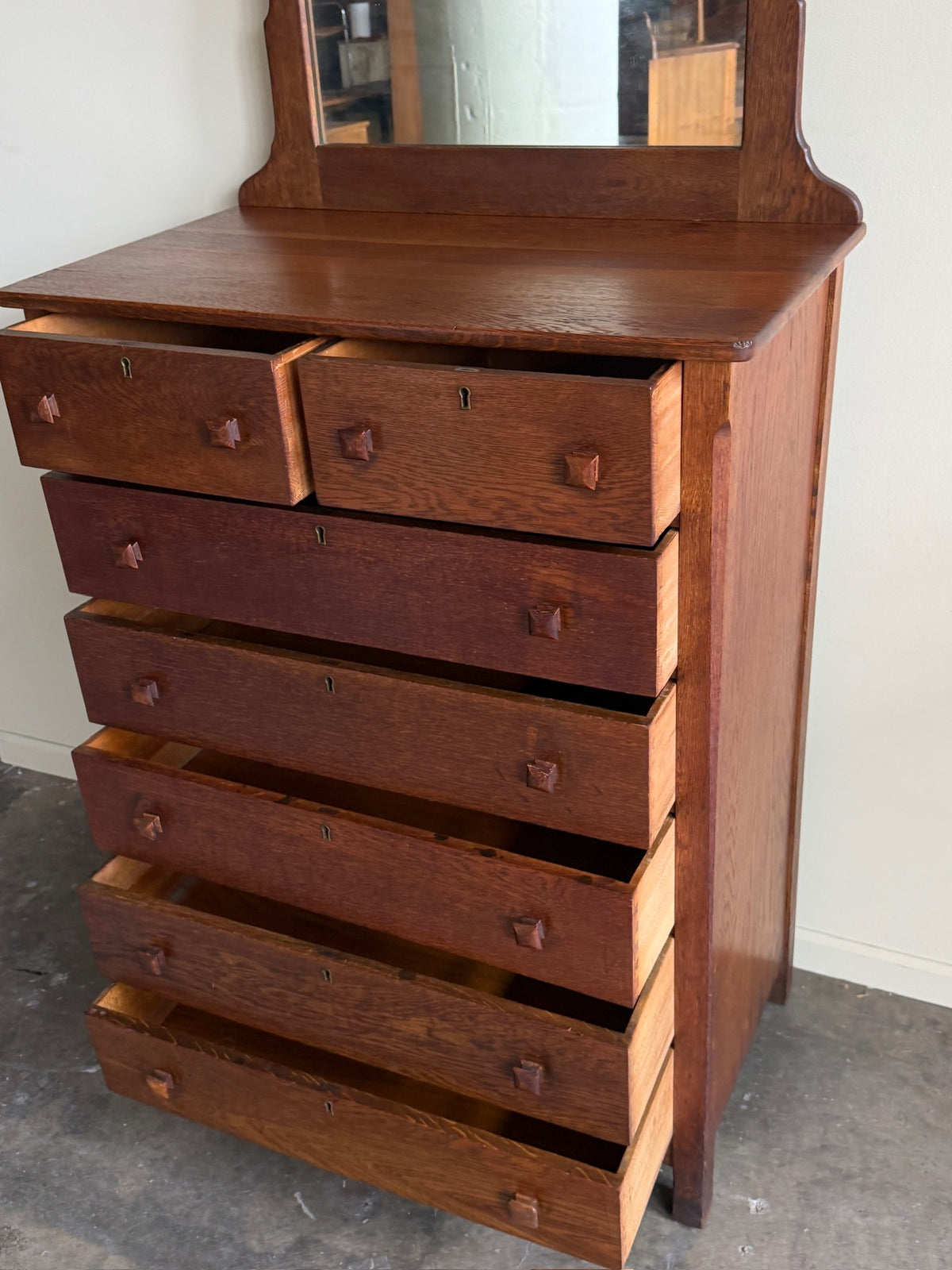Mission oak tallboy dresser with mirror