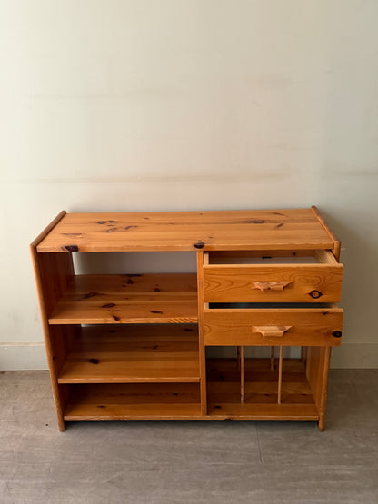 Scandinavian small pine bookcase with record storage