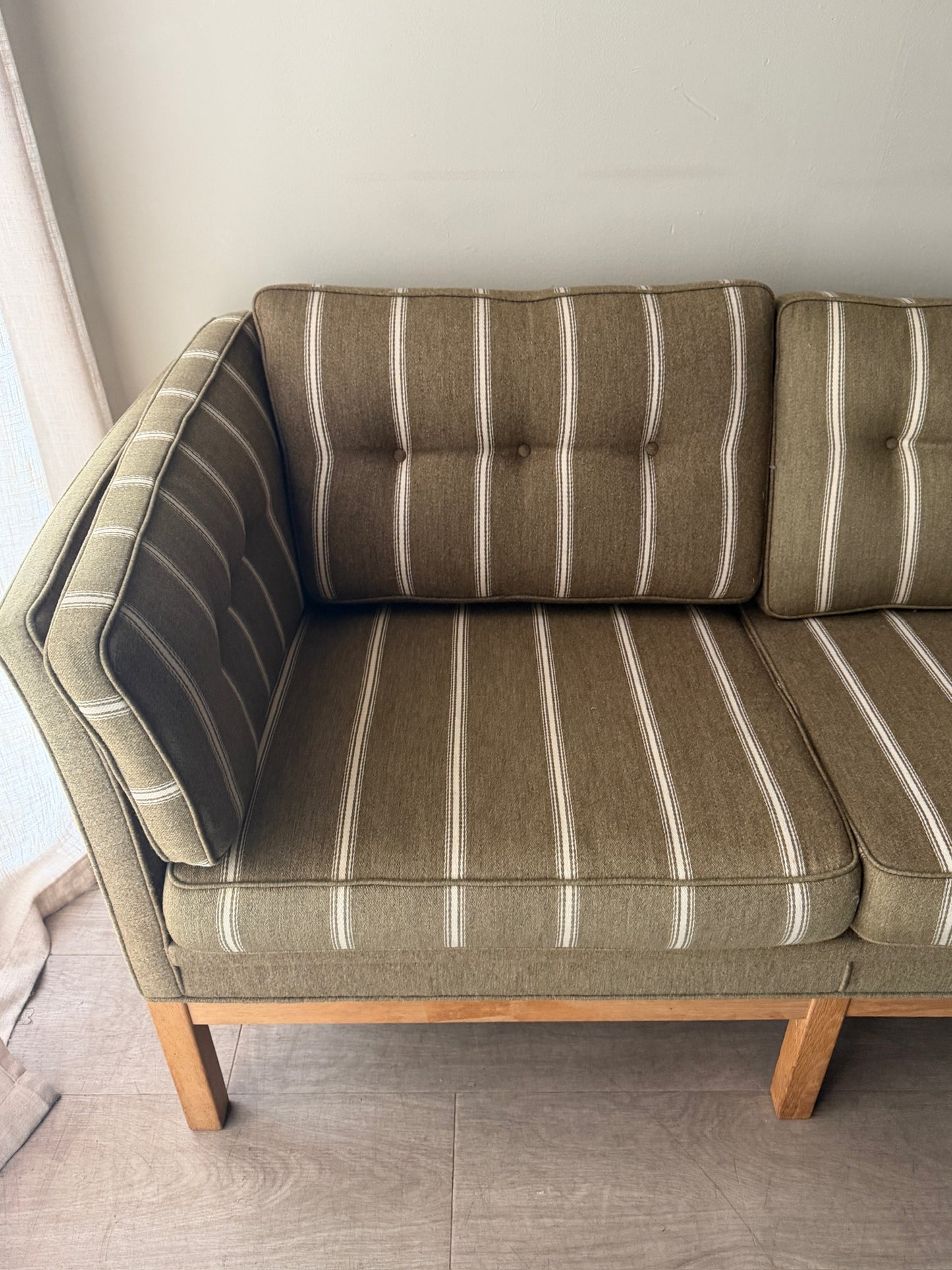 Danish green striped wool & oak sofa